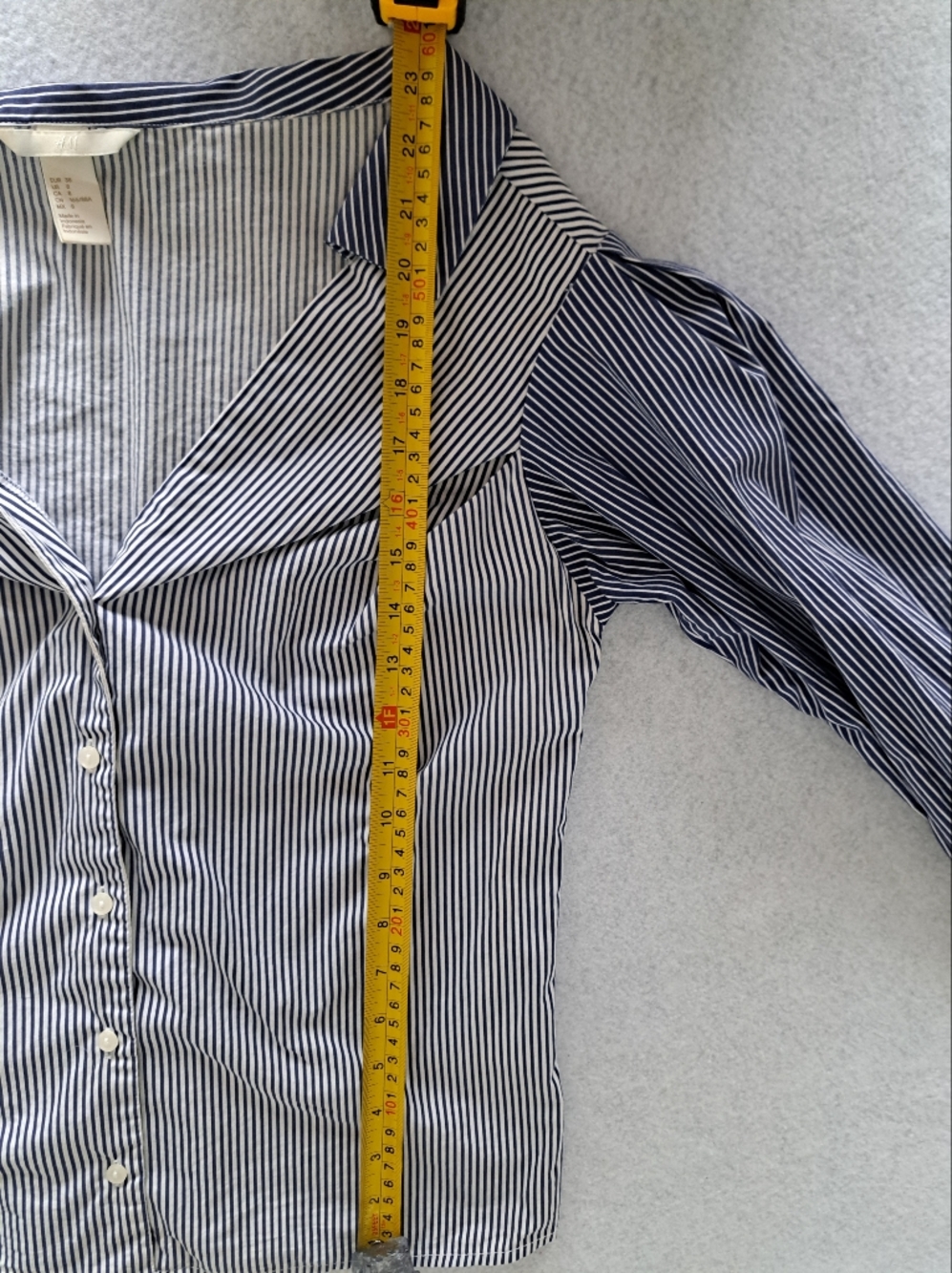 H&M 100% Cotton Navy Blue and White Striped Off-Shoulder Button-Down Shirt - Picture 11 of 14
